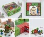 Minecraft‑style building block set in a bright green box, with brick, tree, and character graphics on the packaging