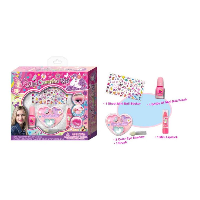 Colorful children's toy cosmetics set packaging; includes nail polish, lipstick, eyeshadow, brush, and nail stickers on a pink-purple box display.