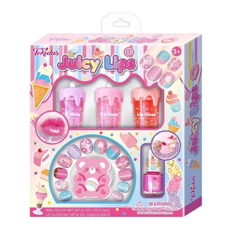 Juicy Lips toy lip gloss set for kids with four colorful tubes and decorative pink packaging.