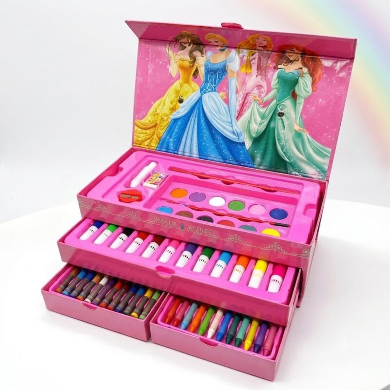 Pink princess-themed art set opened to reveal paints, brushes, and colored markers, arranged in compartments, with princess artwork on the lid.