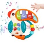 Colorful toy parrot with piano-key sleeve (Do Re Mi) and bead tail, releasing musical notes around it.