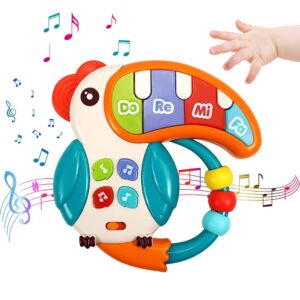 Colorful toy parrot with piano-key sleeve (Do Re Mi) and bead tail, releasing musical notes around it.