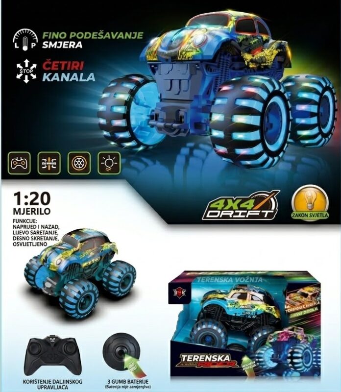 Remote-controlled monster truck toy with blue-yellow design and oversized wheels, shown on glossy packaging.