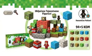 Minecraft-style building toy set with figures, TNT blocks, and a village scene; includes a mystery figure and gift box