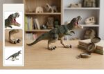 Plastic Tyrannosaurus rex toy on a wooden desk, with a vintage compass and stacked natural history books; blurred bookshelf in the background.