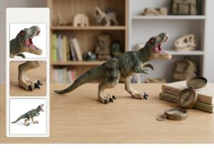 Plastic Tyrannosaurus rex toy on a wooden desk, with a vintage compass and stacked natural history books; blurred bookshelf in the background.
