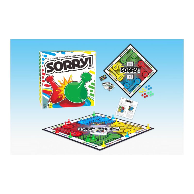 Colorful Sorry! board game set with a large white box, a diamond-shaped board, cards, and multicolored pawns on a blue gradient background.