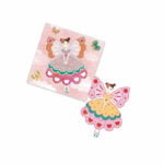 Two pink butterfly-wing fairy cutouts featuring a girl in a layered dress, one loose and one mounted on a pink, cloud-patterned square background.