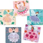 Assorted fairy-themed cards showing girls in colorful dresses with butterfly wings on pastel backgrounds for kids' crafts.