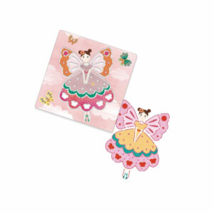 Two pink butterfly-wing fairy cutouts featuring a girl in a layered dress, one loose and one mounted on a pink, cloud-patterned square background.