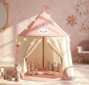 Pastel pink unicorn-themed play tent with bunny decorations and soft toys arranged inside a cozy children's play area