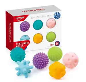Box labeled 'Textured Balls' containing six colorful textured balls in turquoise, purple, teal, peach, lime, and orange.