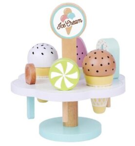Wooden ice cream toy set with pastel scoops on a white stand for pretend play