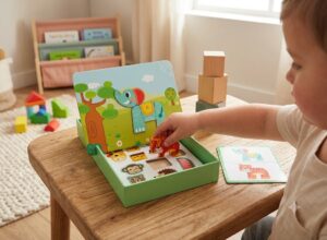 Child sits at a wooden table playing with a colorful animal-themed puzzle and cards in a bright room.