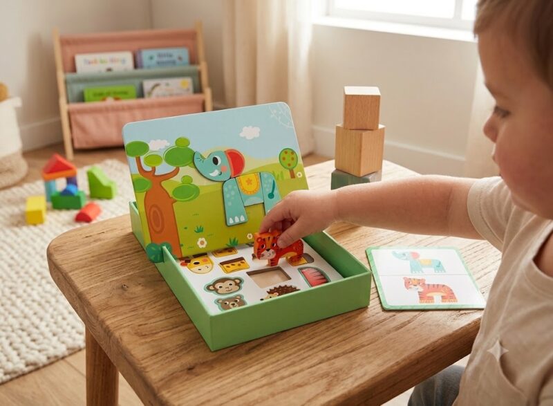 Child sits at a wooden table playing with a colorful animal-themed puzzle and cards in a bright room.