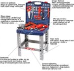 Toy workbench for kids with a blue top and metal legs, tools laid out on the surface for pretend play.
