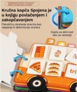 Educational page showing a colorful toy book with ring bindings and picture tiles (pizza slice, croissant, hand) for learning activities.