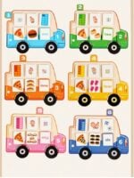 Six colorful toy buses arranged in a 2×3 grid displaying snack tiles and numbers 1–6. Each bus shows food icons and a corresponding numeral badge on its roof or side.