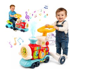 Two young children play with a bright plastic musical train toy; music notes float around as they ride separate push-along vehicles.