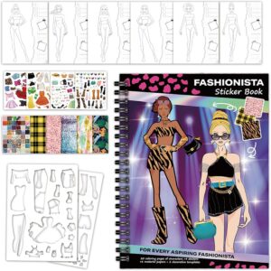 Collage of a fashion design kit: Sticker book cover with two stylish models, fabric swatches, outfit templates, and silhouette templates for dress designs.