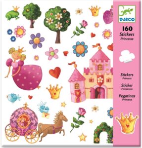 Sticker sheet with princess castle, crown, carriage, horse, flowers, and hearts.
