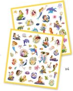 Two overlapping sheets of mermaid and sea-life stickers with yellow borders, showing colorful undersea characters and creatures (sold in pack of 4).