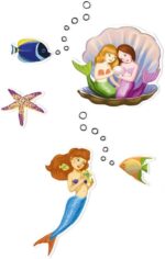 Two mermaids share a seashell and dream of a fish, with a starfish and other marine creatures nearby.