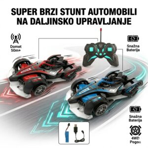 Two remote-control stunt cars racing on a track with a black-and-teal controller and a charging cable pictured below; promotes fast RC cars with battery and 4WD.