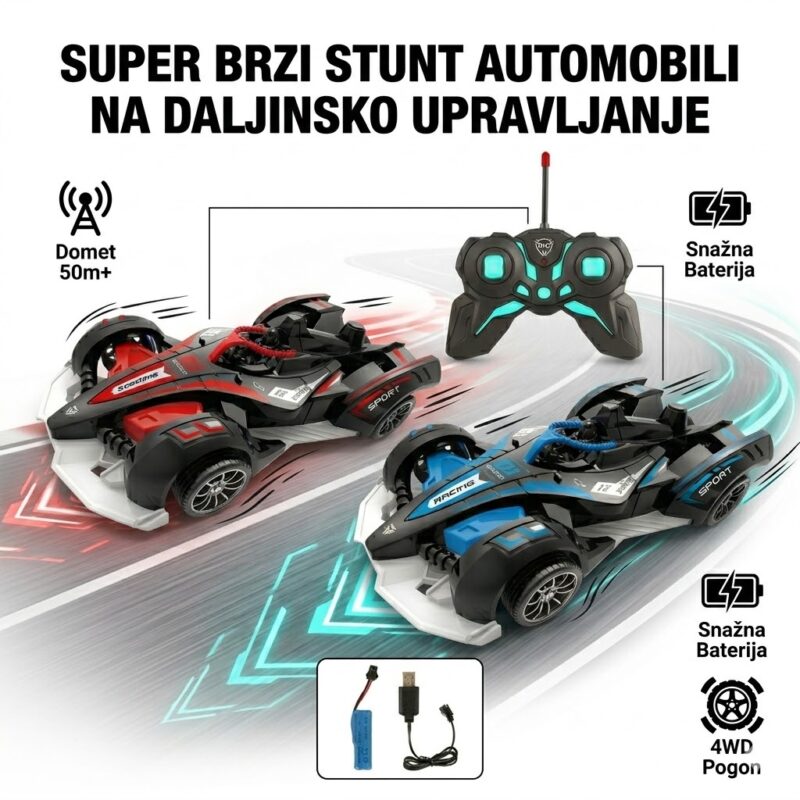 Two remote-control stunt cars racing on a track with a black-and-teal controller and a charging cable pictured below; promotes fast RC cars with battery and 4WD.