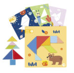 Colorful kids' shape-puzzle: geometric pieces arranged on a yellow board to form a bear, with decorative cards and small tree shapes nearby.
