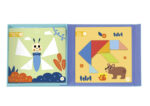 Open children's puzzle book showing a butterfly on the left with geometric wings and a green background, and a bear with a color-block puzzle on the right.