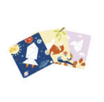 Three children’s activity cards featuring origami templates on space, nature, and water themes.