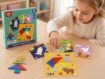 Young girl sits at a table, arranging colorful magnetic tangram pieces from a bright turquoise box with printed cards nearby.