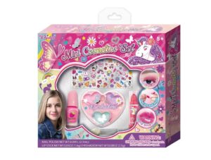 Kids' mini cosmetics set in a pink box with nail polish, lip gloss, a heart-shaped eyeshadow palette, and sticker sheets inside.