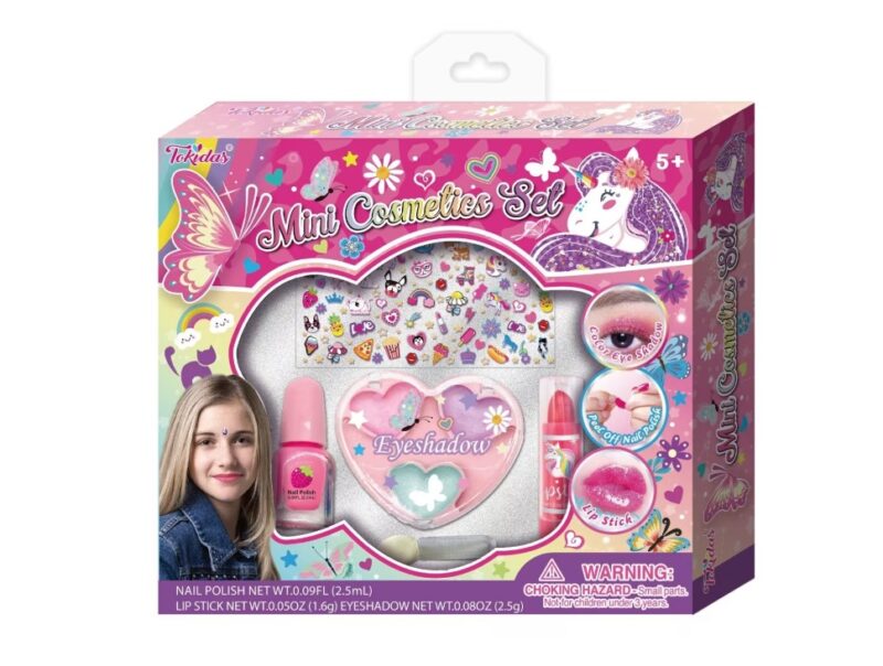 Kids' mini cosmetics set in a pink box with nail polish, lip gloss, a heart-shaped eyeshadow palette, and sticker sheets inside.