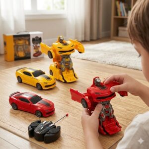 Child plays with transforming robot toys and yellow and red cars on a wooden floor, a remote control nearby.