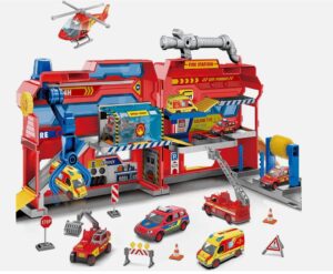 Red toy fire station playset with helicopter, vehicles, and accessories for imaginative rescue scenes