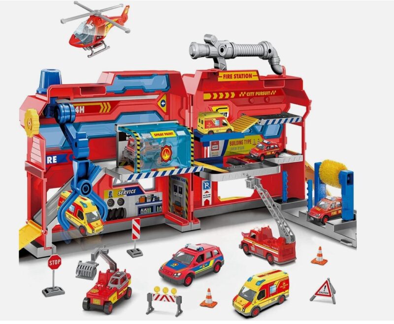 Red toy fire station playset with helicopter, vehicles, and accessories for imaginative rescue scenes