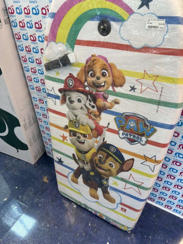 viber_slika_2026-05-07_10-33-45-773 Colorful Paw Patrol kids' mattress with a rainbow and cartoon dogs (Chase, Marshall, Skye) ready to play.