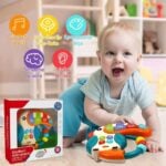 Baby plays with colorful educational toys; icons show music, hand–eye coordination, color recognition, sensory toys, and hearing training.