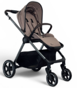 Beige baby stroller with black frame, canopy, and large undercarriage basket.|Beige seating, retractable canopy, and four wheels on a stoller with a sturdy frame.|Beige infant stroller shown in side profile with storage basket beneath the seat.|Beige stroller featuring a padded seat, safety harness, and front bumper bar.|All-terrain baby stroller with large rear wheels and smaller front wheels.