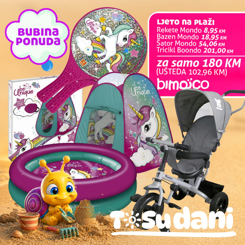 Promo collage for kids' toys: unicorn-themed tent, inflatable rings, sand toys, stroller, and beach gear with 'Bubina ponuda' banner.