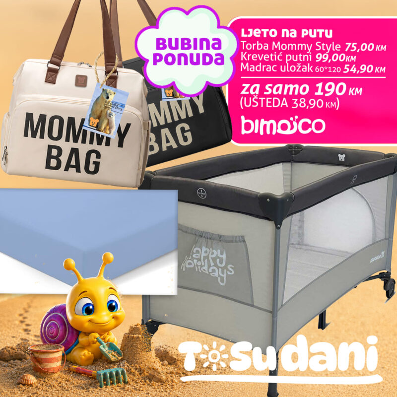 Collage of baby gear: beige mommy bag, black bag, blue toy box, playpen, and a yellow snail toy on sand with bright promotional text in pink panel.