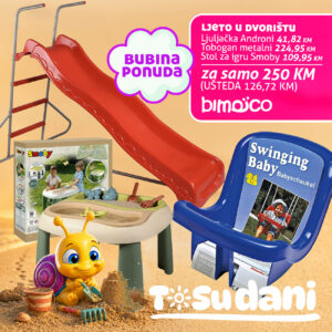 Kids' outdoor playset with a red slide, blue baby swing, and sand toys; advertisement text reads 'Bubina ponuda' and price offer 250 KM.