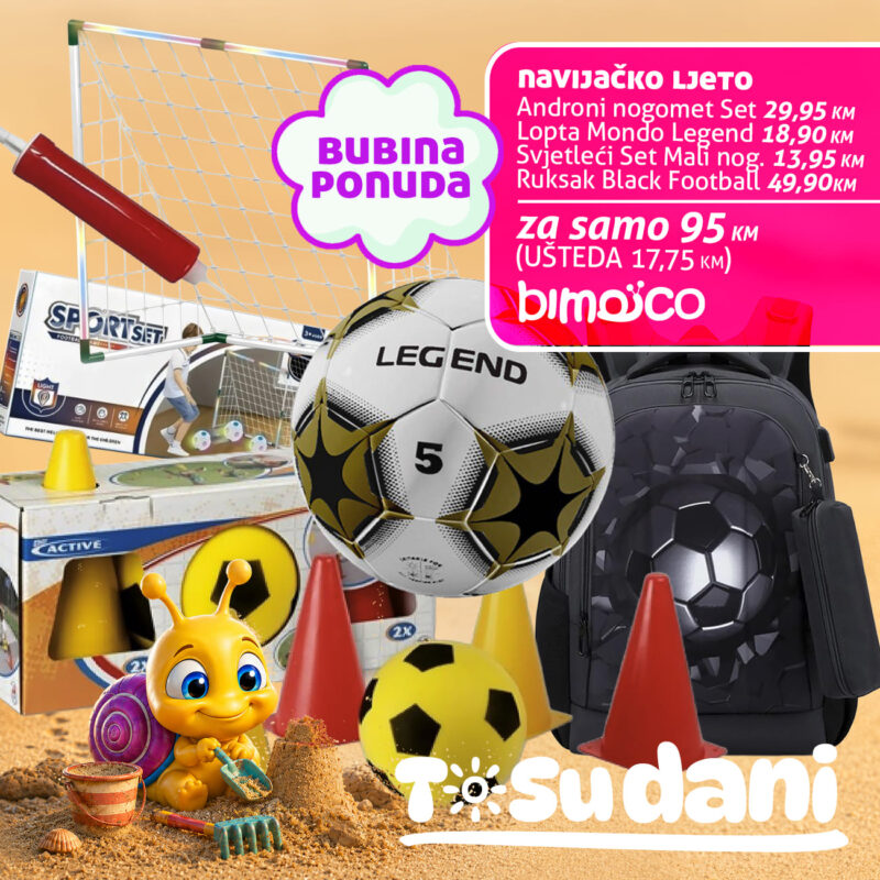 Collage of children's toys on a beach background: soccer ball, backpack, sand toys, cones, and a bright pink sale banner reading 'Bubina ponuda'.