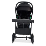 Black infant stroller with a bassinet-style seat, large wheels, and a front harness area viewed from the front.