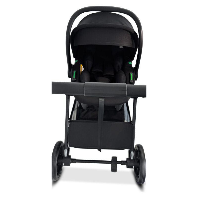 Black infant stroller with a bassinet-style seat, large wheels, and a front harness area viewed from the front.
