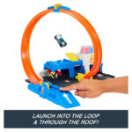 Toy car loop track with an orange circular loop, blue ramps, and a hand launching a car into the loop. Banner text at bottom reads the slogan.