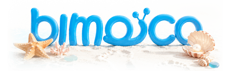 Blue Bimojo logo on a sunny beach with starfish and seashells.