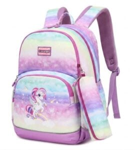 Pastel tie-dye kids' backpack with a unicorn graphic on the front pocket and purple straps.